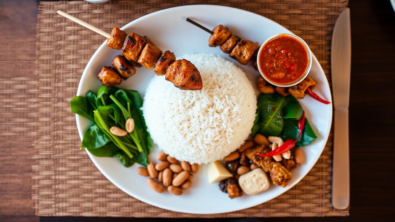 Plate of nasi campur with sambal and grilled chicken at a Bali warung