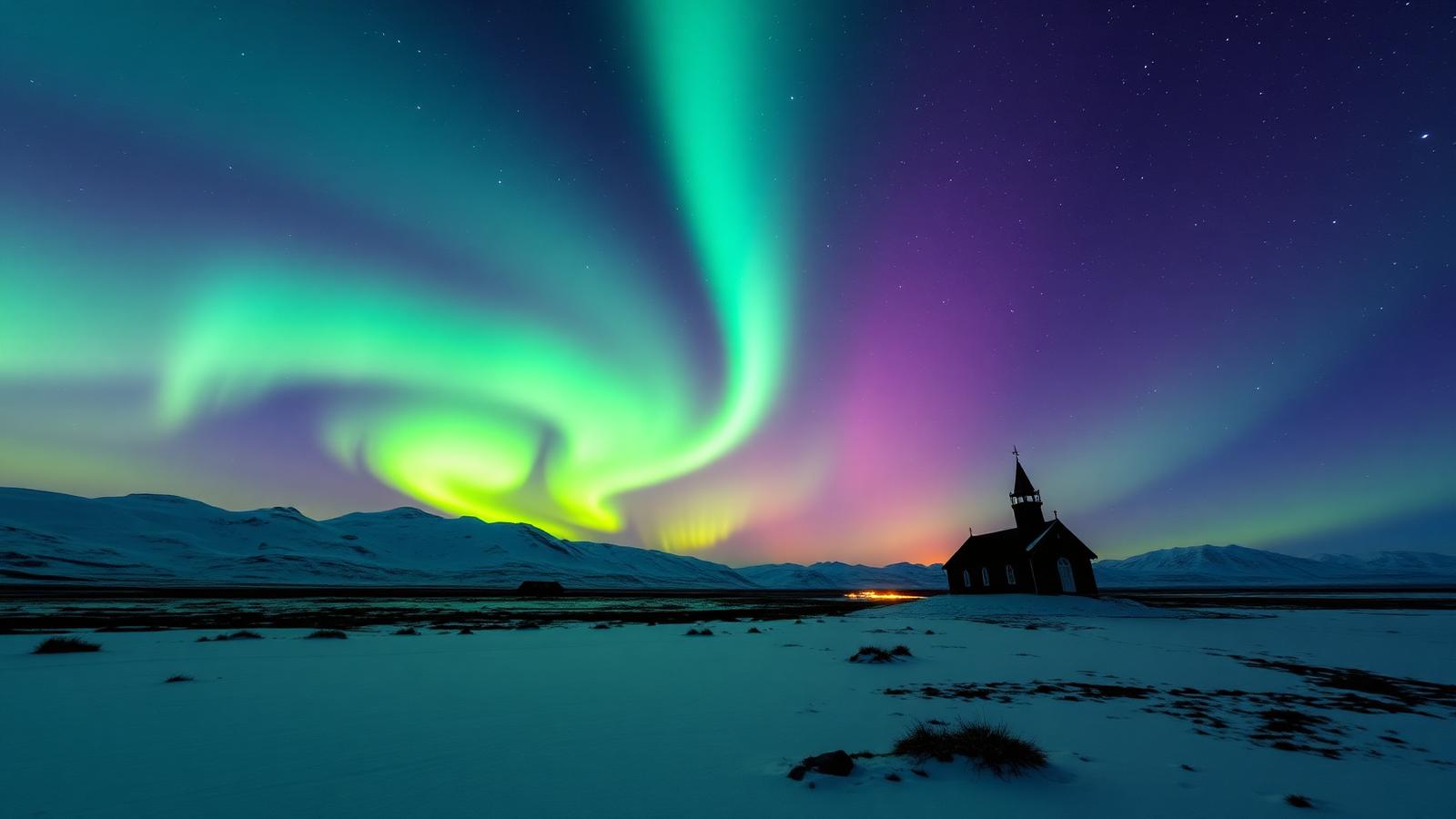 Green and purple aurora borealis swirling over a snowy Icelandic landscape