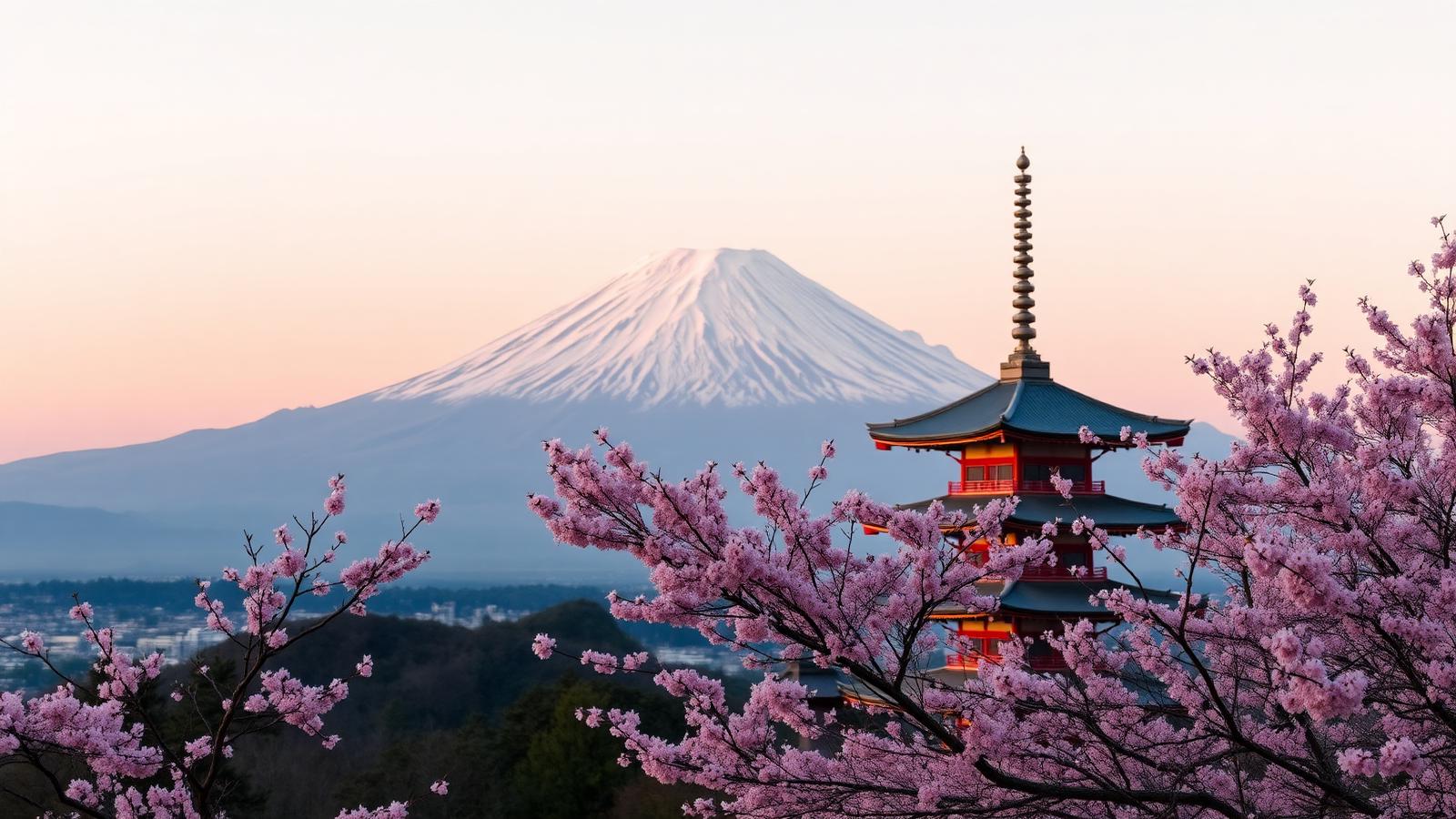 Mount Fuji at sunrise framed by pink cherry blossoms and a red pagoda
