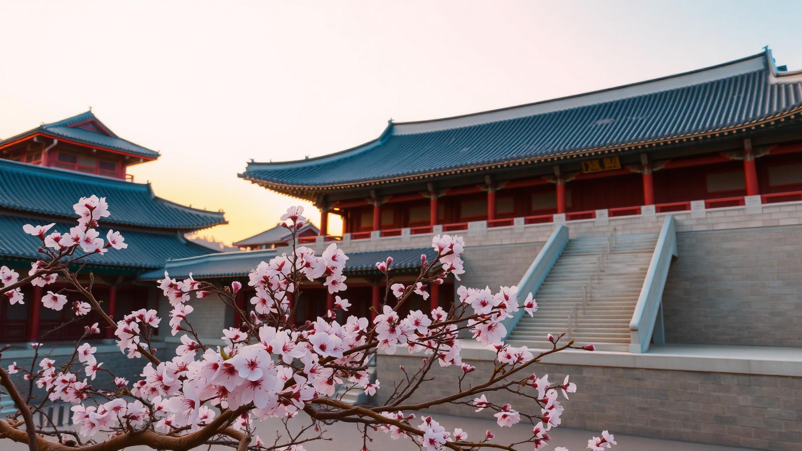 Gyeongbokgung Palace in Seoul with cherry blossoms at golden hour