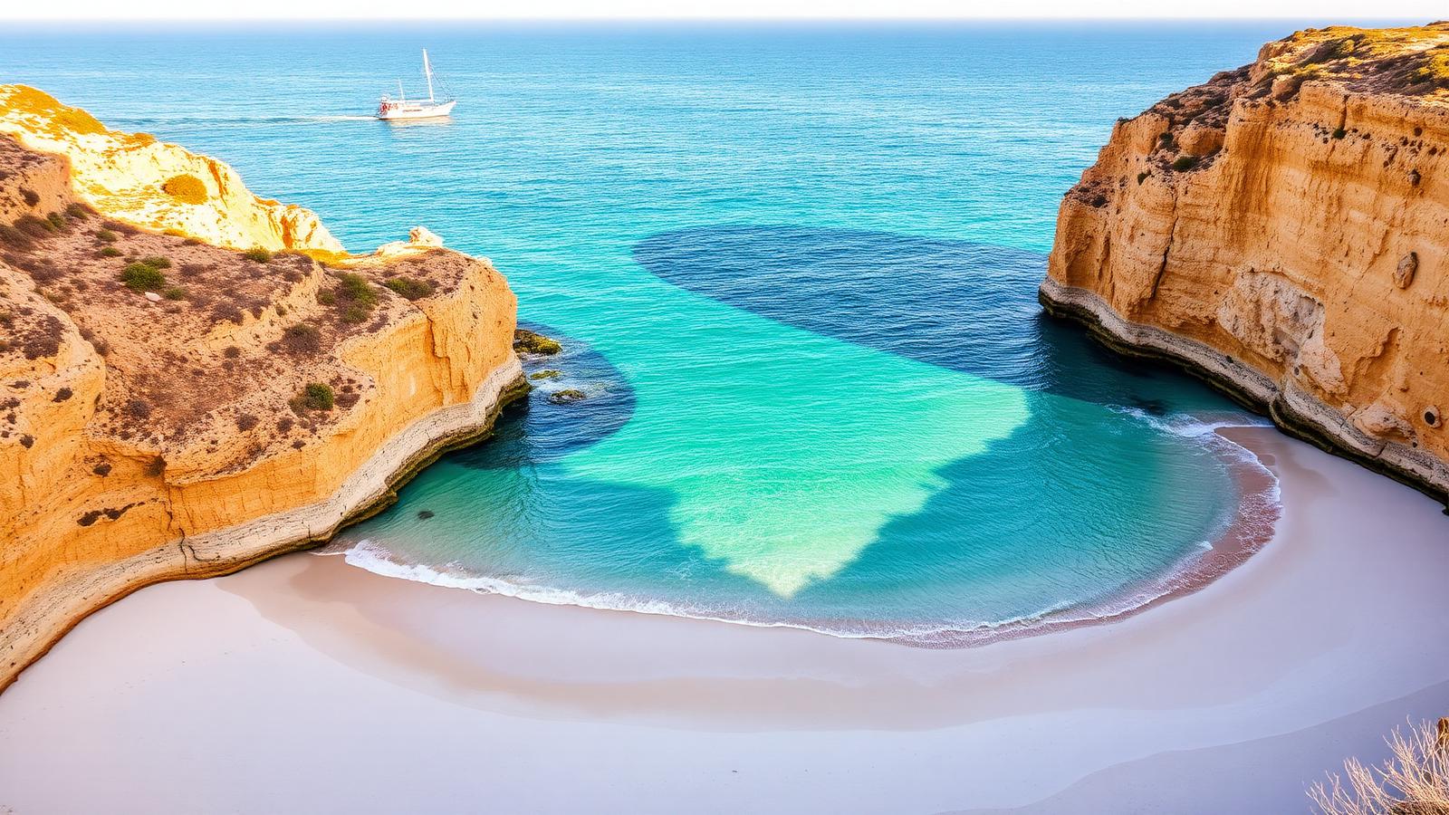 Hidden Portuguese cove with turquoise water and ochre cliffs on the Alentejo coast