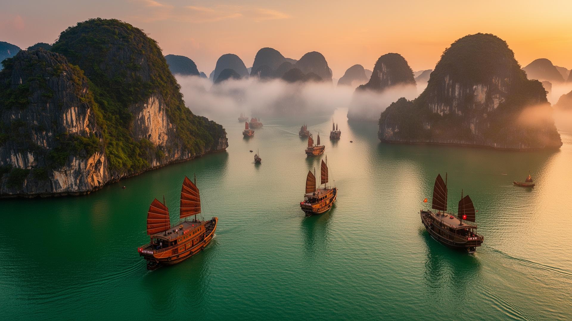 Vietnam travel deals 2026 — wooden boats sailing through Ha Long Bay at sunset